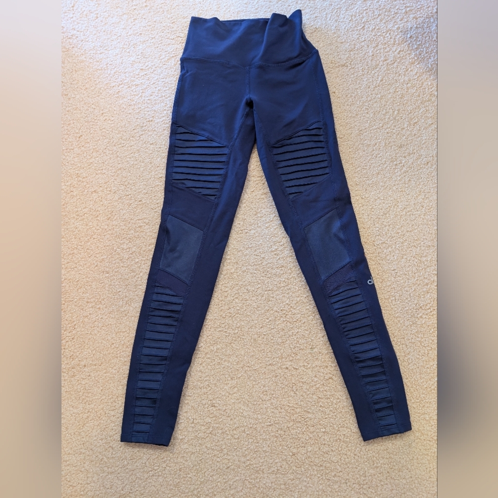 ALO Yoga Blue Moto Leggings with Ribbed Knee Panels